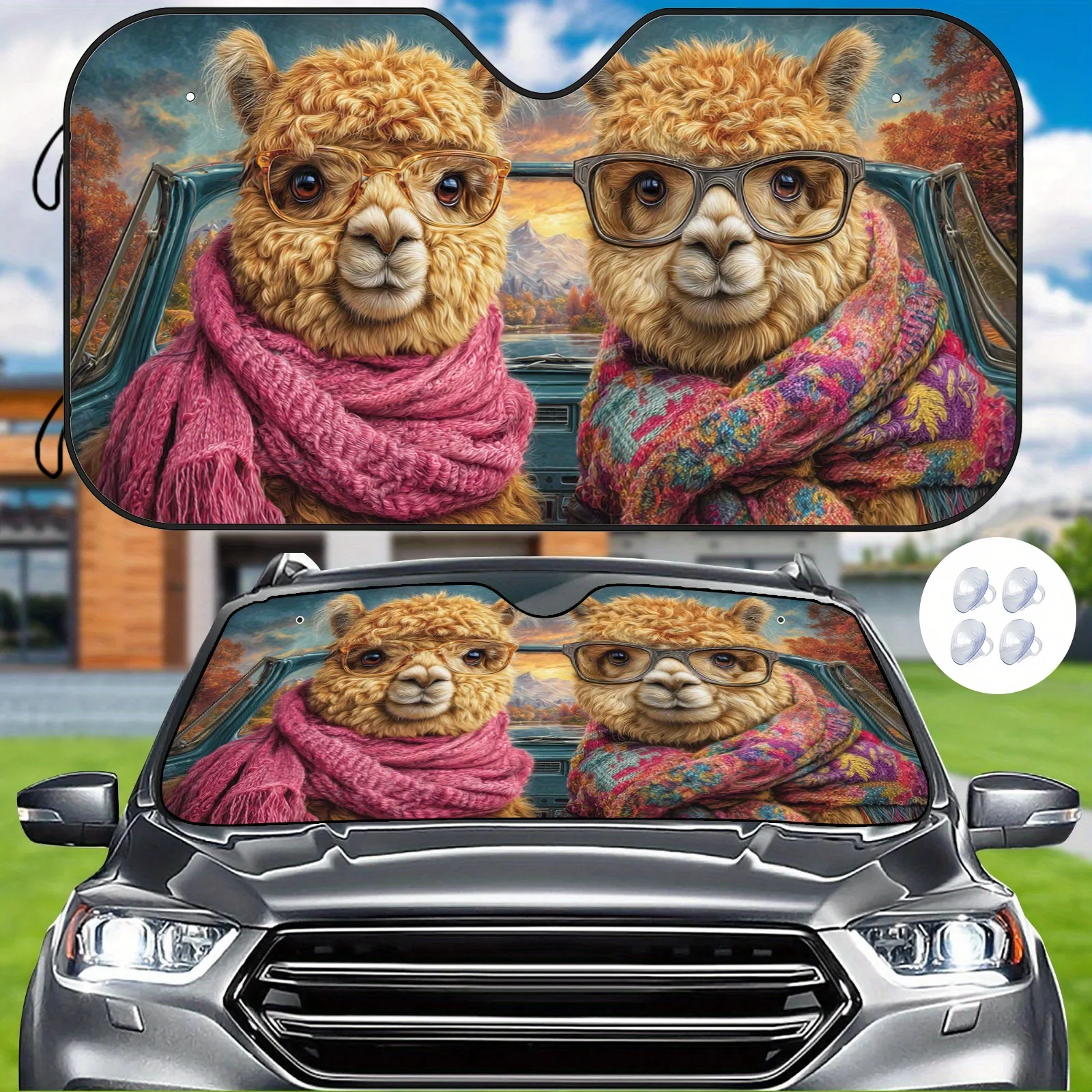 Artistic Alpaca Car Sunshade, Cozy Interior Decoration With A Landscape Background, Heat Insulation And Cooling, Comes With 4 Su