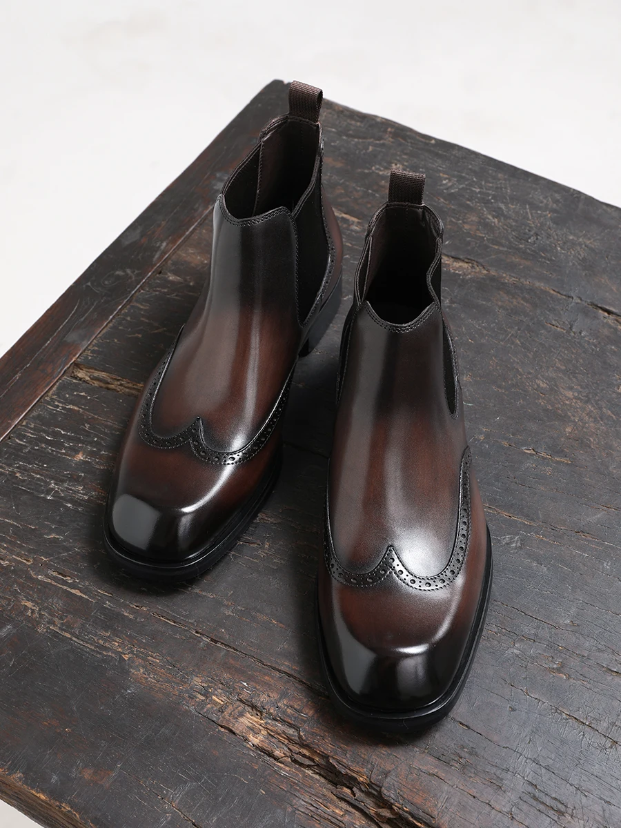 Autumn and Winter New Leather Chelsea Boots Men's, Business Square Head Handmade High-top Short Boots Fashionable  Men's Shoes