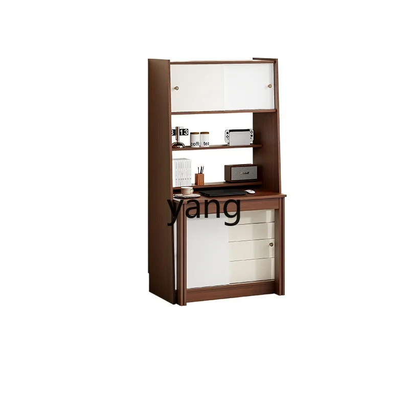 LXL Retro Computer Desk Combined Bookcase Sliding Door Storage Cabinet Small Apartment Retractable