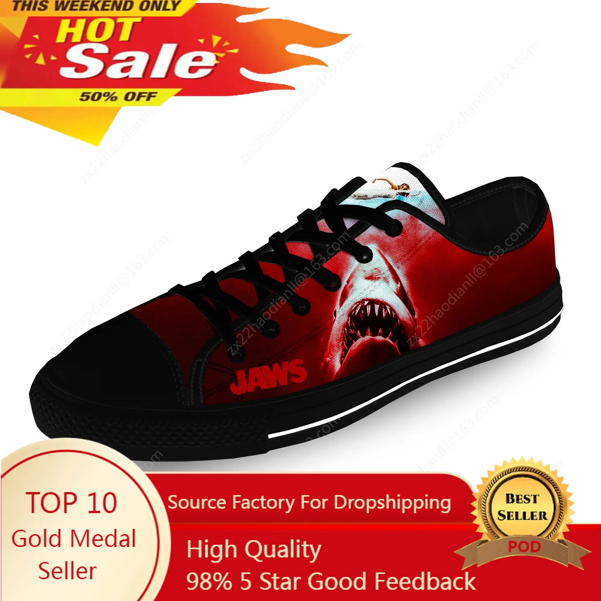 

Jaws Movie Shark Horror Casual Funny Cloth 3D Print Low Top Canvas Fashion Shoes Men Women Lightweight Breathable Sneakers