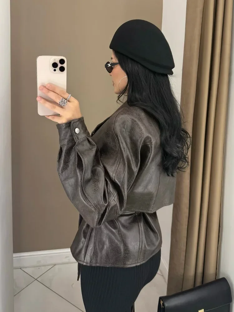 Chaqueta corta de cuero con cuello de solapa liso para mujer, ropa de abrigo holgada de manga larga con cinturón y bolsillo con cremallera, abrigos diarios de otoño 2025