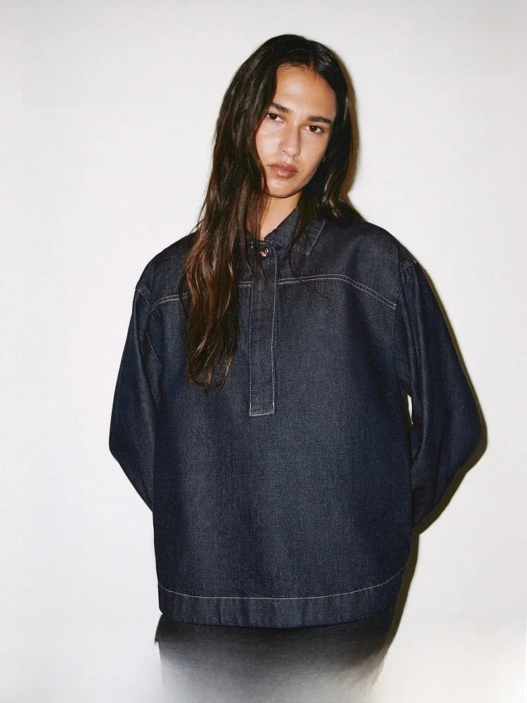 

H&M Women's Button-Up Casual Cotton irt Spring 2026 Commute Original Jeans High nce Sensation Long Sve Flip Collar