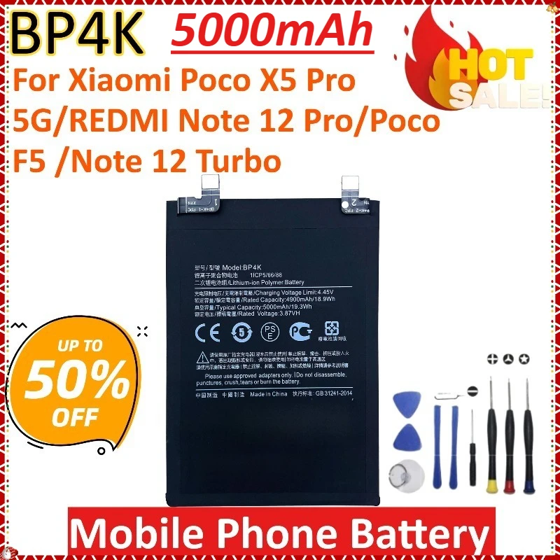 

New BP4K 5000mAh Mobile Phone Battery for Xiaomi Poco X5 Pro 5G/for REDMI Note 12 Pro/Poco F5 /Note 12 Turbo Battery with Tools