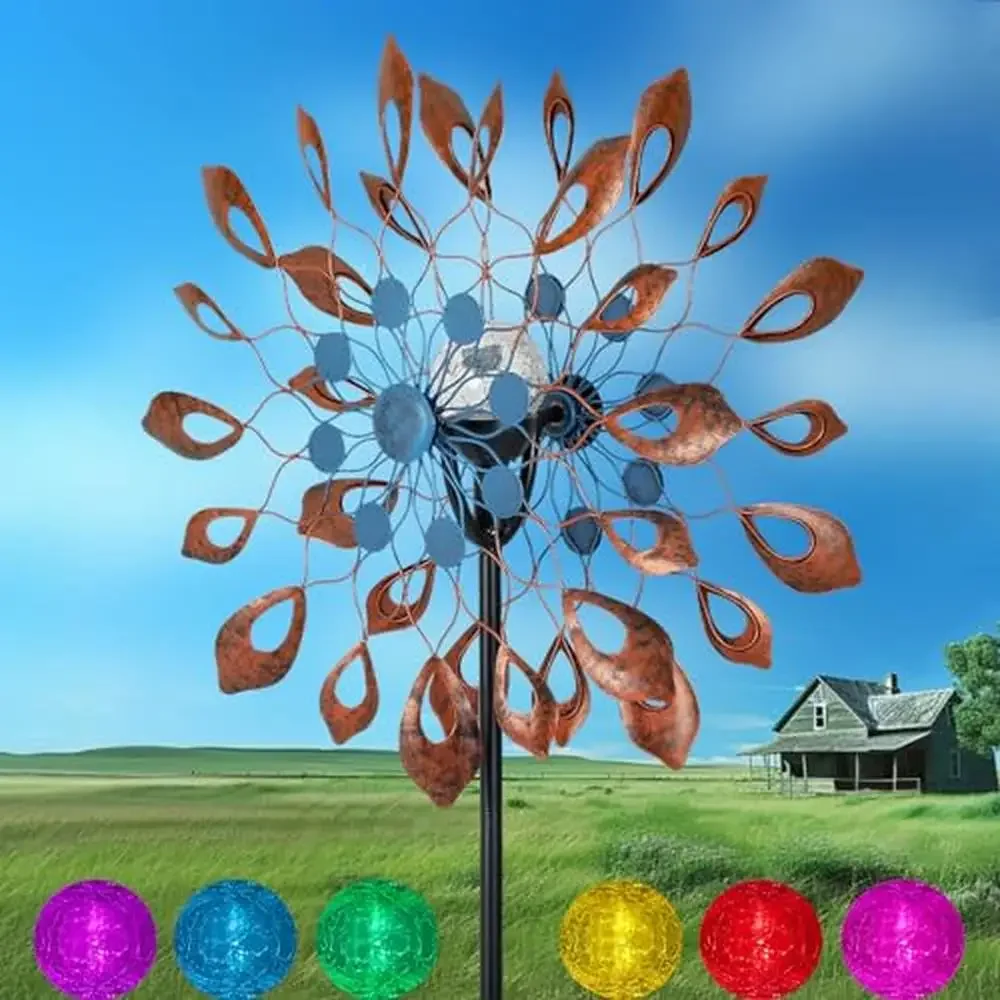 Outdoor Solar Wind Spinners 73 Inches Garden Decoration Colorful LED Light Kinetic Wind Sculpture Spinner Sturdy Metal Design