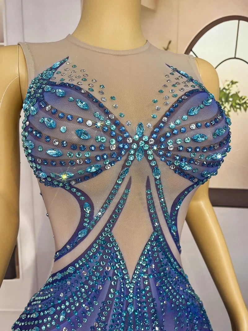 Shiny Blue Rhinestone Temperament Hip-wrapped Fishtail Skirt Adult Model Catwalk Trendy Clothes Annual Meeting Host Performance