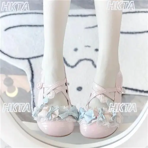 

Sweet Cute Summer Lo Shoes Original Kawaii Lolita Bow Lace Round Toe Versatile Pink Low Heel Pumps Women Small Leather Shoes