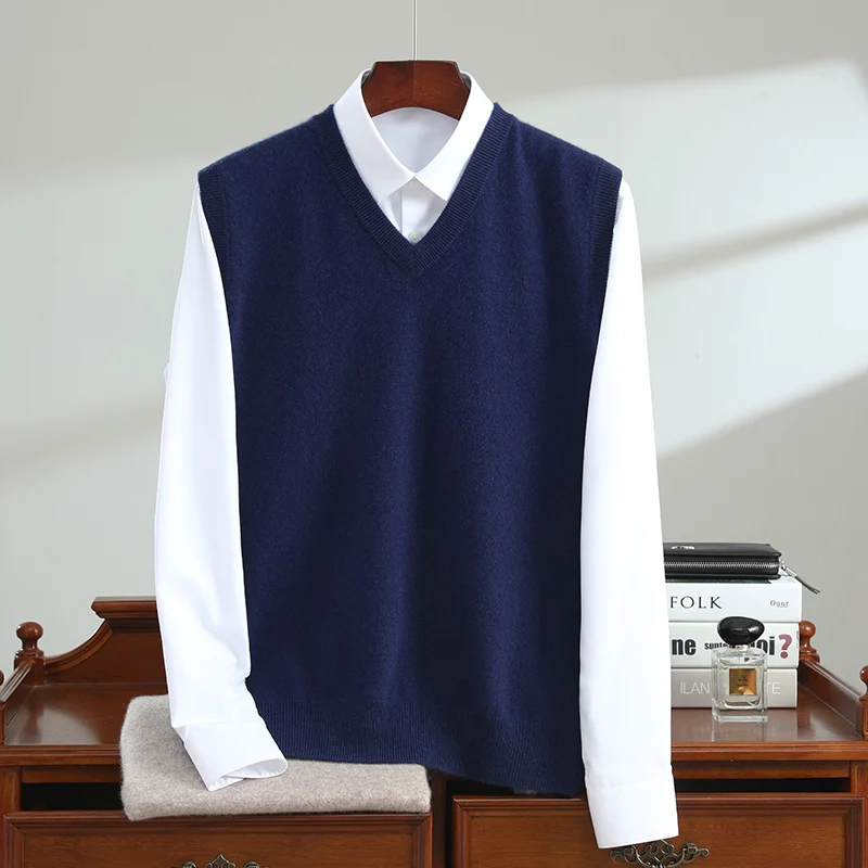 

Men's Pure Cashmere Vest Solid Color V-Neck Knitted Sleeveless Sweater Middle-Aged Warm Medium Thick Vest