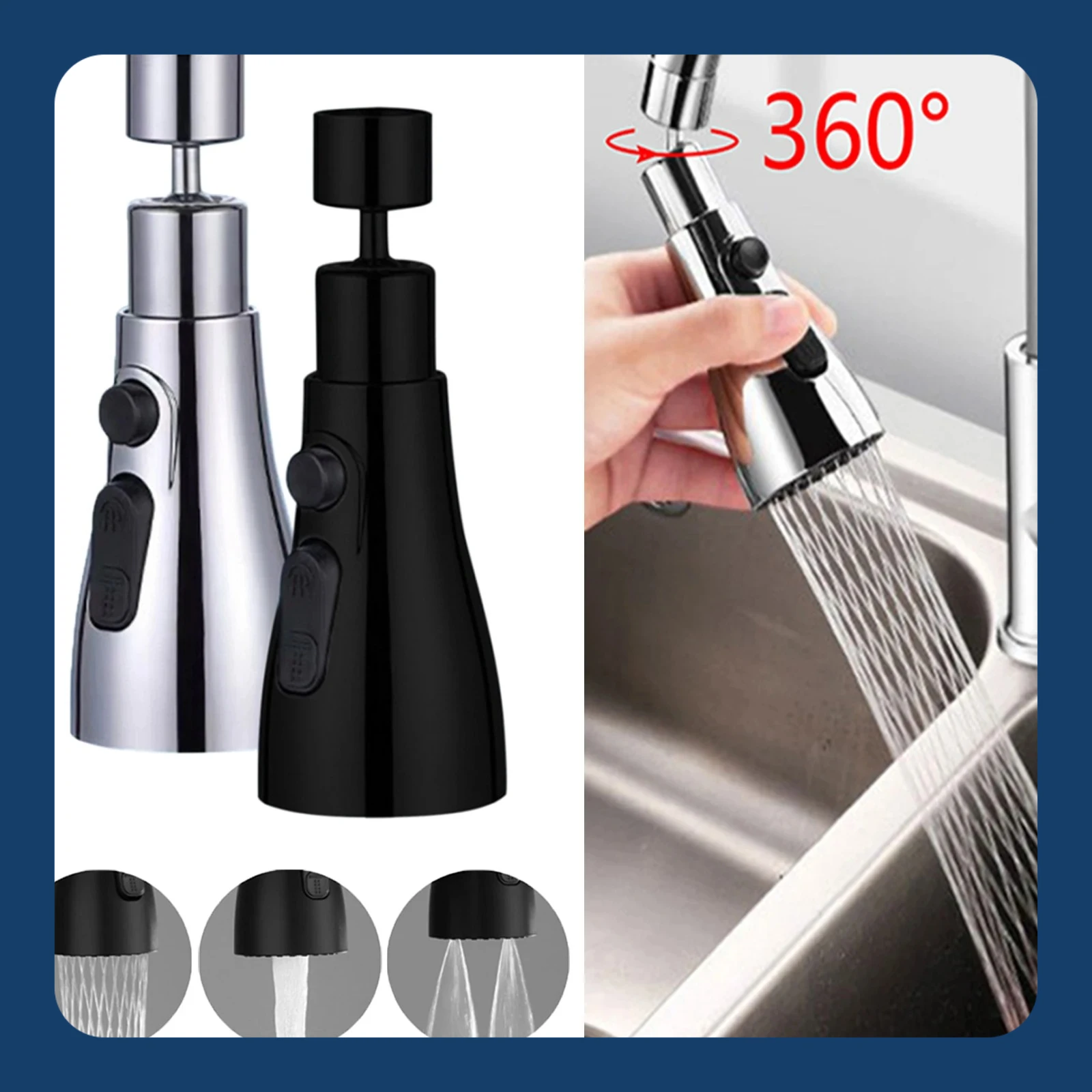 360°Kitchen 3-step Adjustable Tap Splashproof Extender Household Universal Booster Sprayer Universal Tap with Swivel Spout