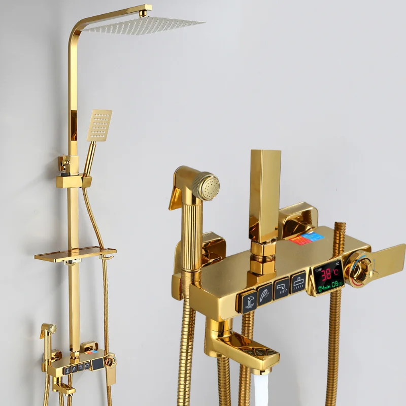 

Display Thermostatic Gold Shower Faucet Set Rainfall Bathtub Tap With Bathroom Shelf Water Flow Produces Electricity