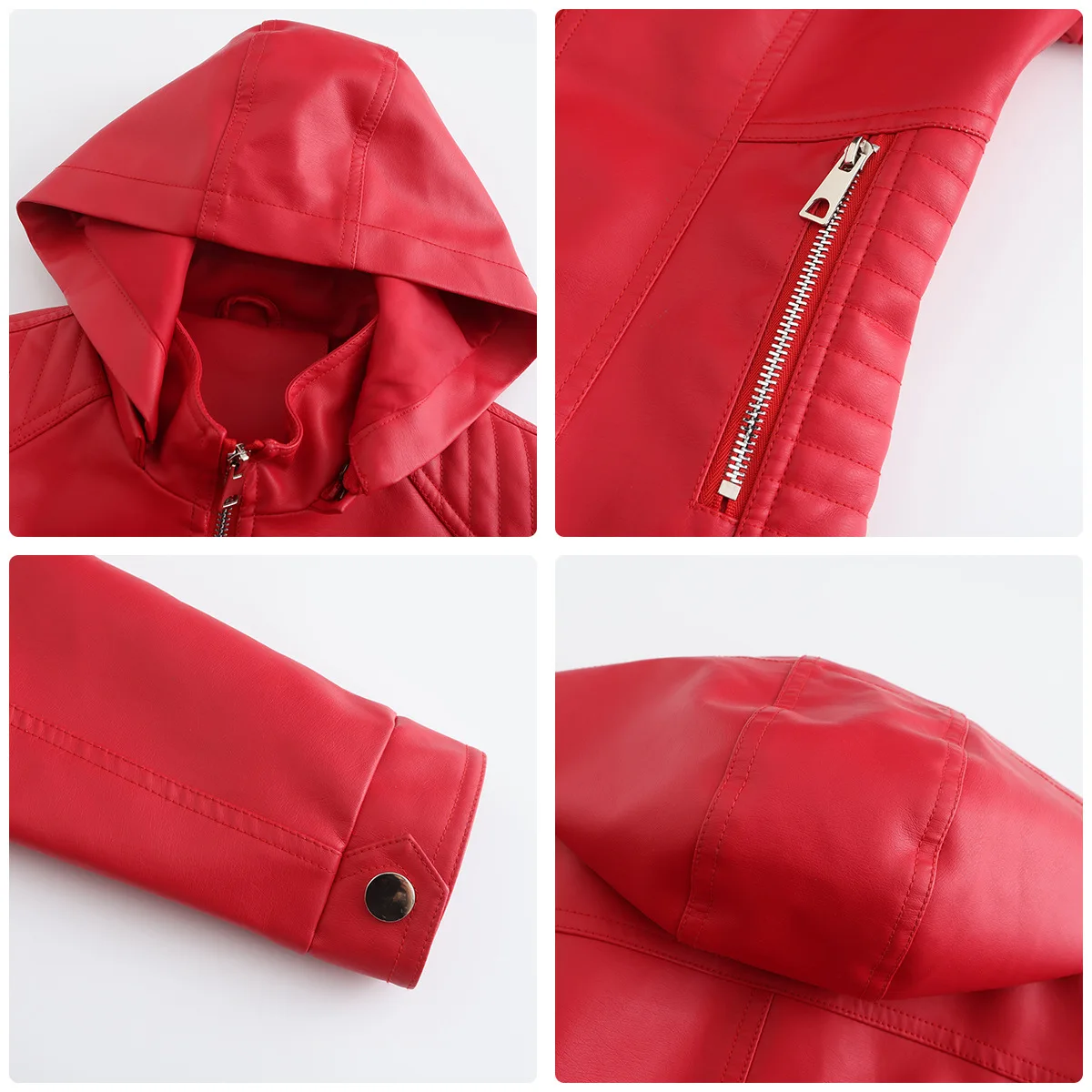 Bright Red Women Hooded Leather Jacket Hat Removable Windproof Jackets Fashion Casual PU Coat Black Blue Coffee Khaki Pink XXXL