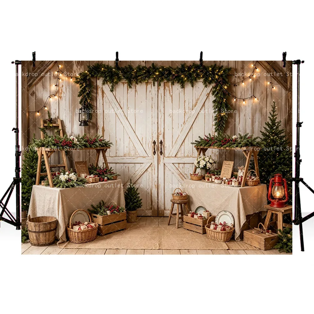 Mehofond Christmas Photography Background Wood Barn Door Gifts Xmas Tree Wreath Kids Family Winter Portrait Decor Backdrop
