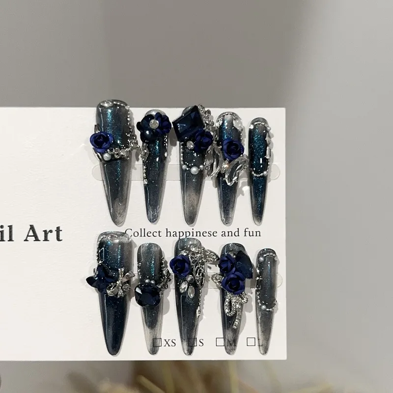 

10PCS Dark Blue Smoky Press on Nails Long Coffin with 3D Floral Design Fake nials Luxury Gothic False Nails Handmade nail art 네일