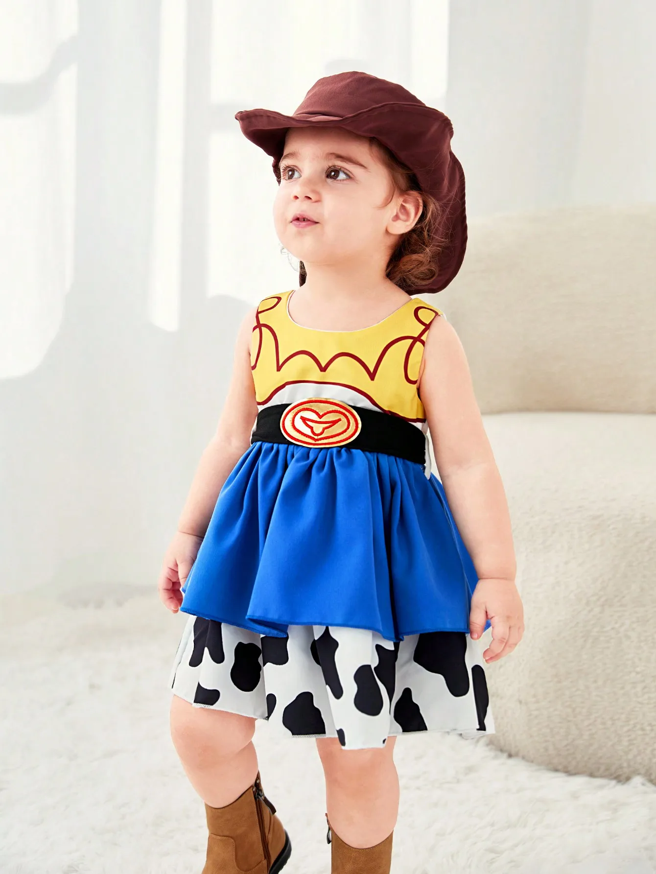 Girls Cartoon Cow Dress Children Cute Summer Round Neck Sleeveless Fluffy Dresses with Belt Kids Cosplay Costume Kids Clothes