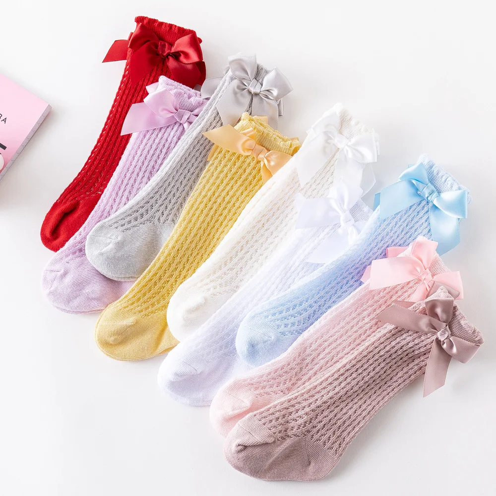 Korean Bow Mesh Stockings Baby Cotton Breathable Princess Knee High Socks Newborn Infant Socks Little Girls Socks 0-2years Old