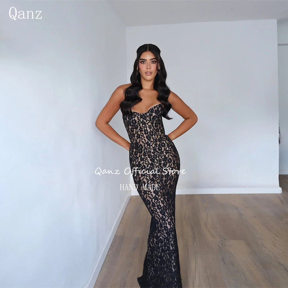 

Qanz Black Lace Evening Dresses Mermaid Flesh Colored Lining Sweetheart Wedding Guest Dresses Classy Party Dress Customized