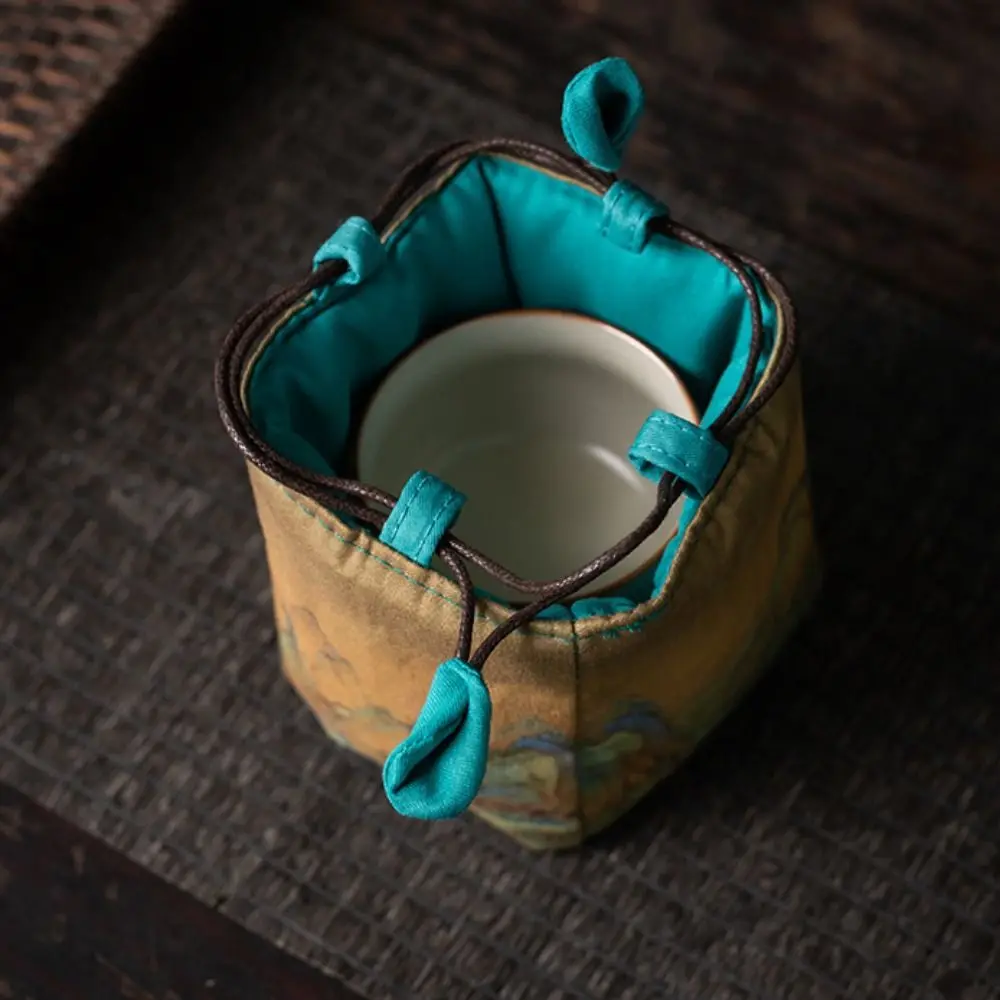 Chinese Style Teacup Drawstring Cloth Pouch Print Portable Teaware Storage Bag Breakage-proof Multifunctional