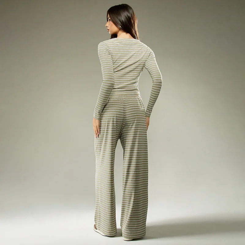 American Style Casual Versatile Women's Clothing Autumn Striped Single-breasted Long-sleeved Drawstring Long Pants Two-piece Set