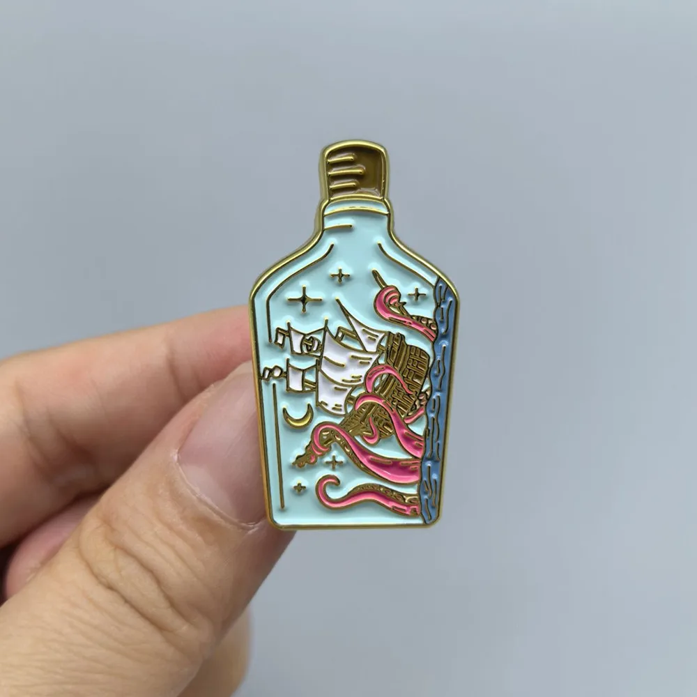 Sea Monsters And Bottle Ships Cartoon Enamel Brooch Pin Fun Drifting Bottle Collar Lapel Pins Badges Fashion Jewelry Accessories