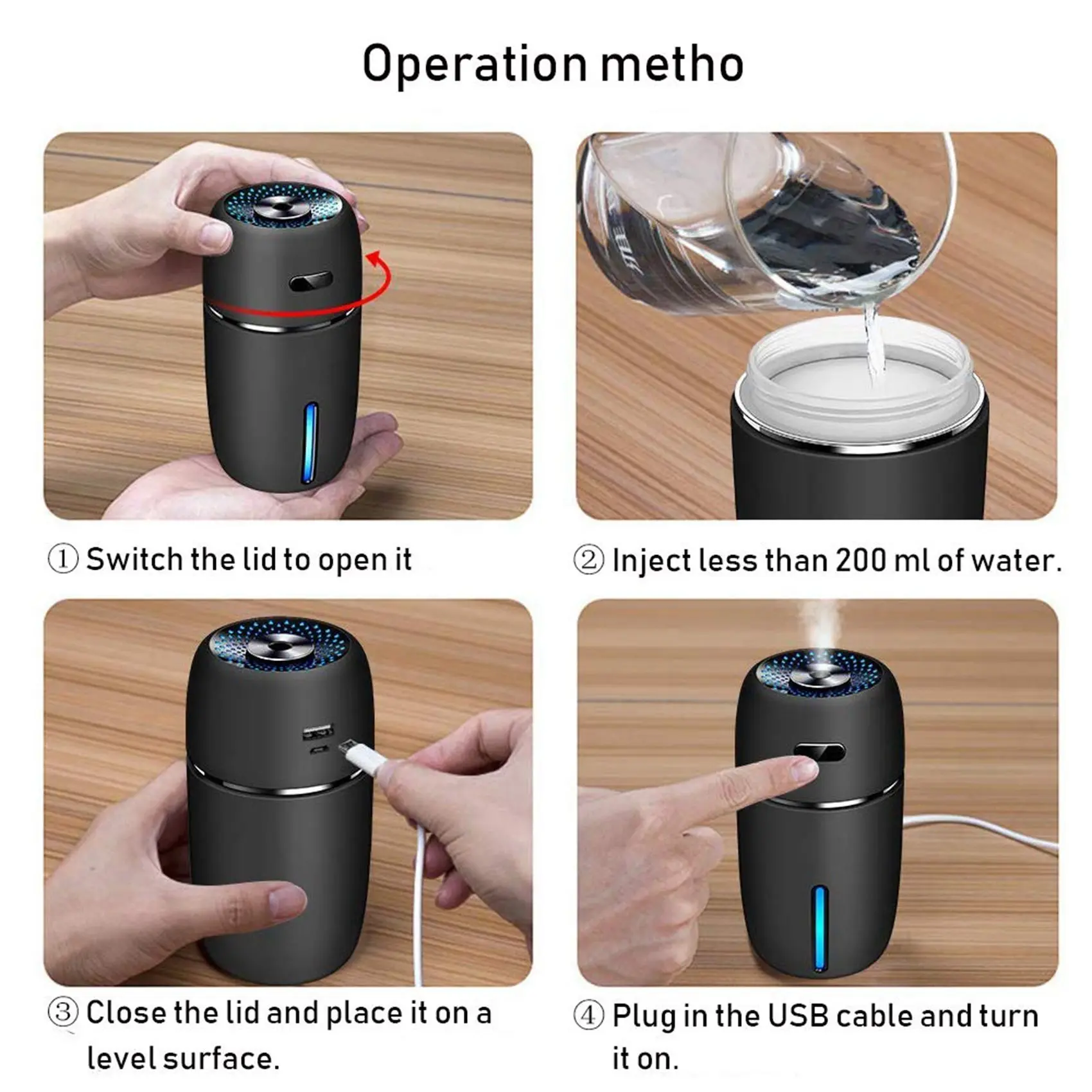 Humidificador portátil con USB para coche, minihumidificador de 200Ml con 7 colores LED, luz nocturna, silencioso, modos de niebla ajustables para viaje B