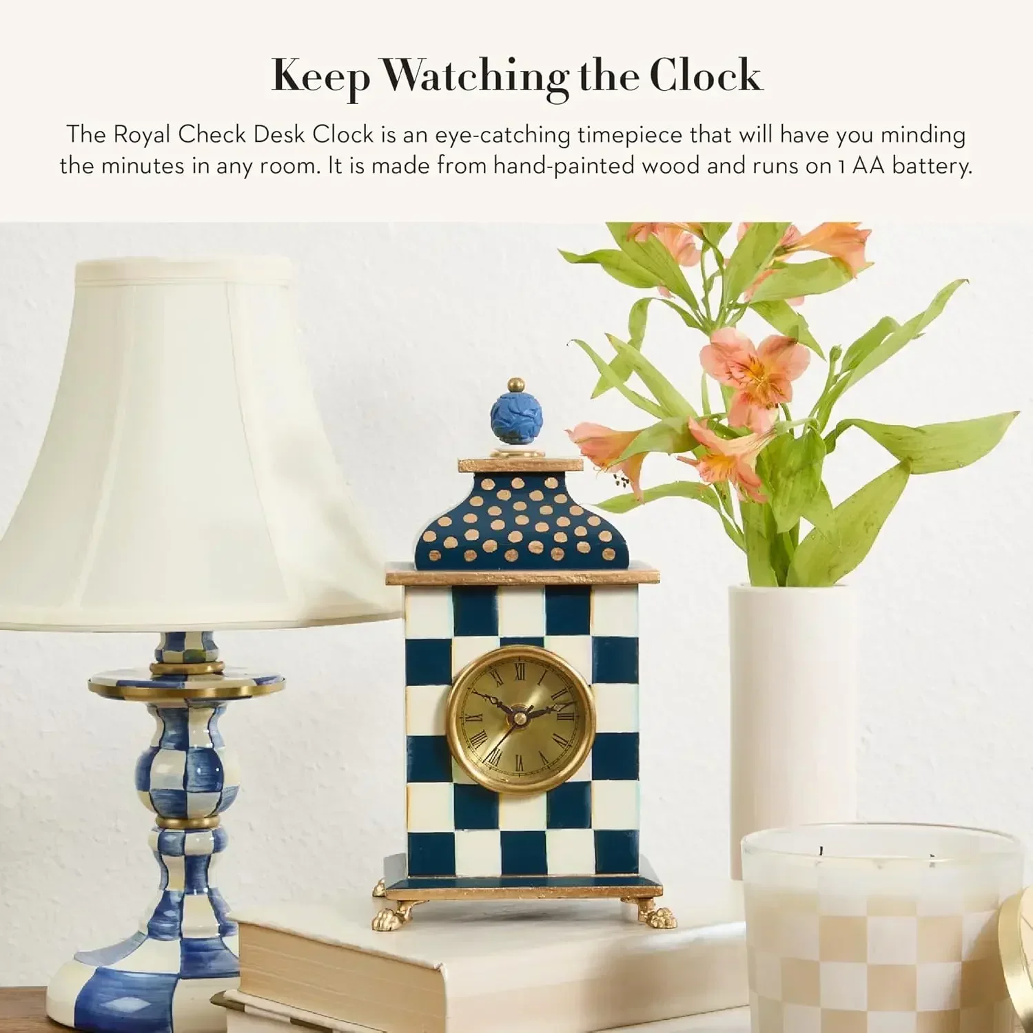 Desk Clock, Decorative Wood Clock for Kitchen and Living Room, Blue-and-White Royal Check