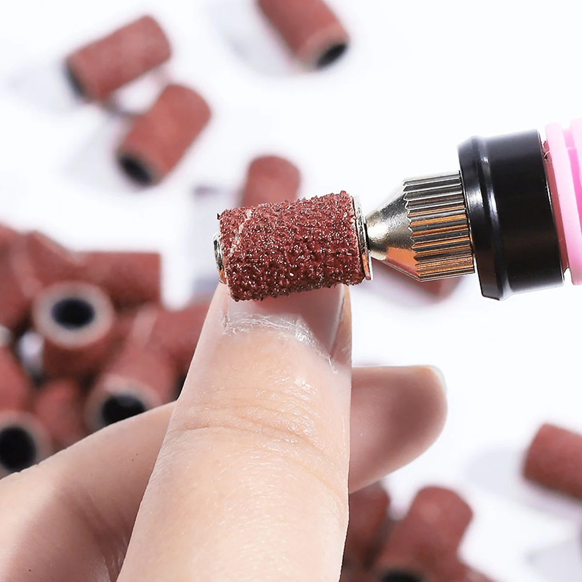 

100Pcs Red Mounted Cylindrical Abrasive Grinding Heads for Nail Drill Polishing Shaping Sanding Bands 180 Grit