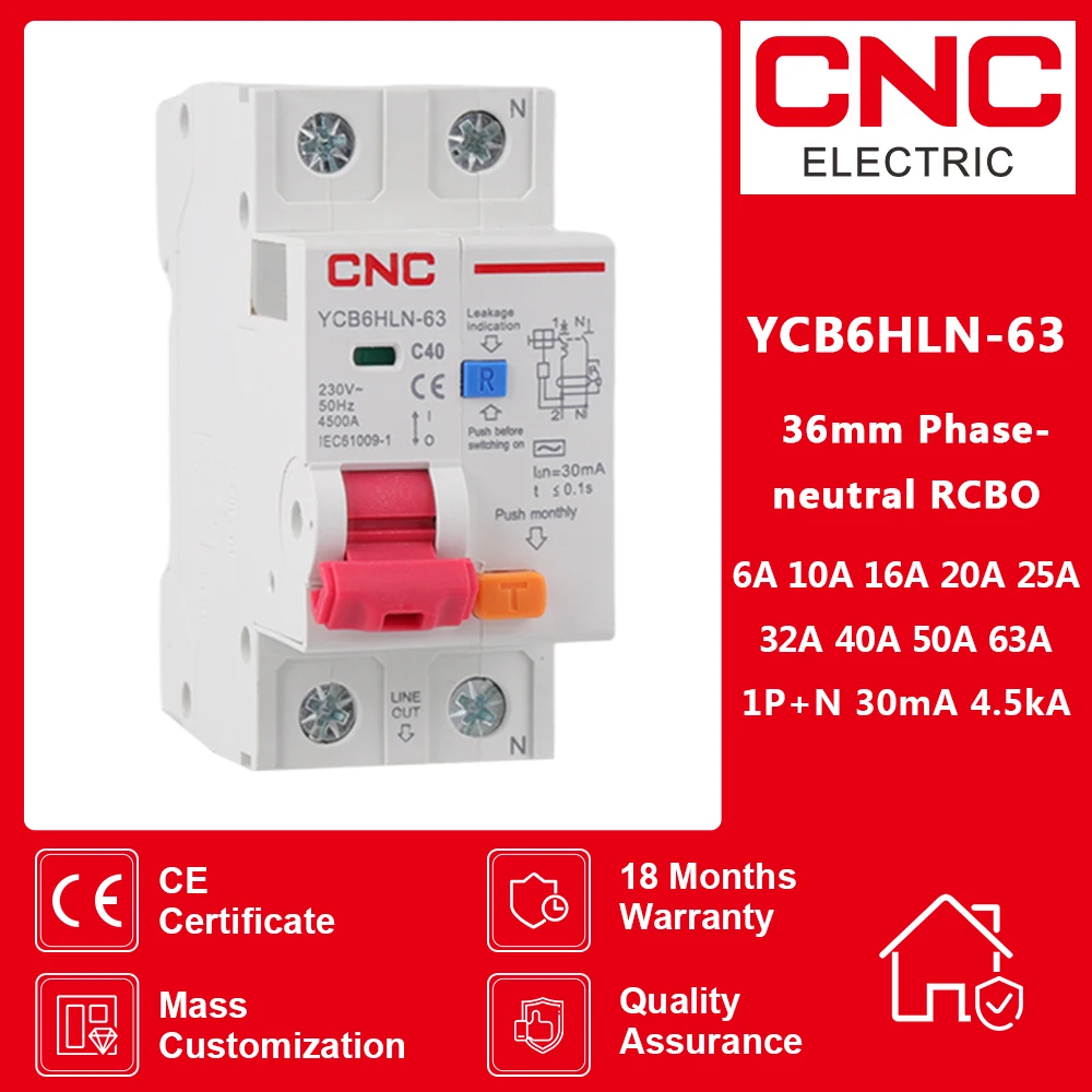 

CNC YCB6HLN-63 30 мА 1P N RCBO MCB автоматический выключатель остаточного тока 230 В 50/60 Гц защита от утечки перегрузки по току