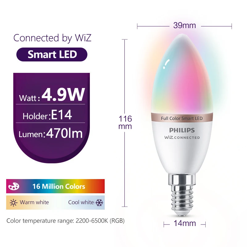 Philips Smart LED 4.9W E14 Candle Light WiZ Wi-Fi & Bluetooth Bulb 220-240V 16 Million Full Color Frosted Dimmable Lamp CRI90