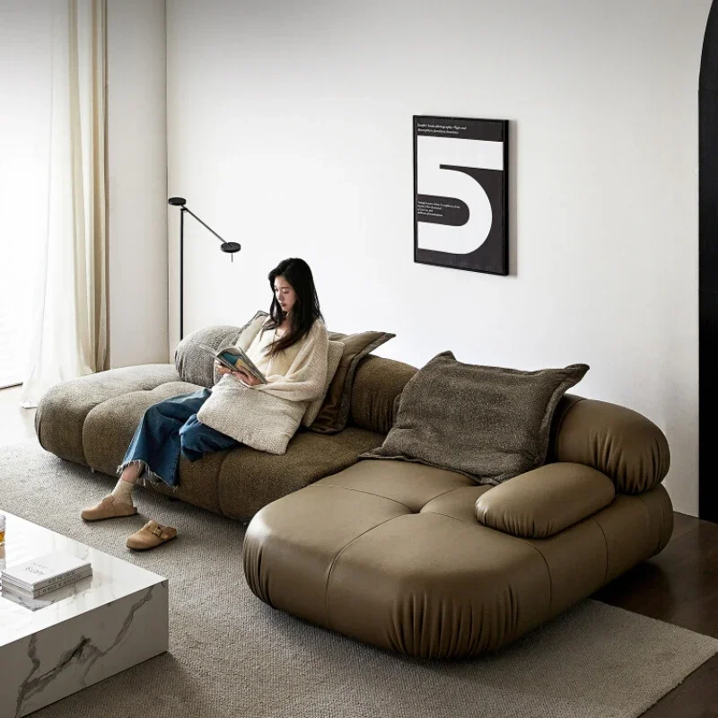 Italian minimalist leather sofa leather cloth combined villa large flat living room corner sofa