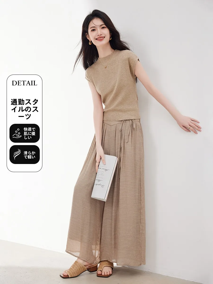 

Casual Women's T-irt Wide Leg Pants Two-Piece Set Summer Faion Age-Defng Ele Clete Ensemble Polyester Fabric