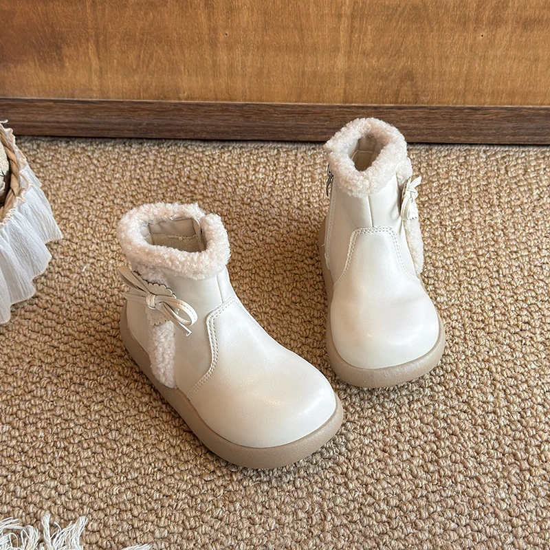 Girls PU Leather Winter Ankle Boots, Sherpa Cuff Bow Decor Fuzzy‑Lined Side Zipper Warm Non‑slip Boots