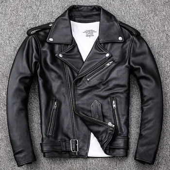 Spring Classical Motorcycle Oblique Zipper Jackets Men Leather Jacket Natural Calf Skin Thick Slim Cowhide Moto Jacket Man 2