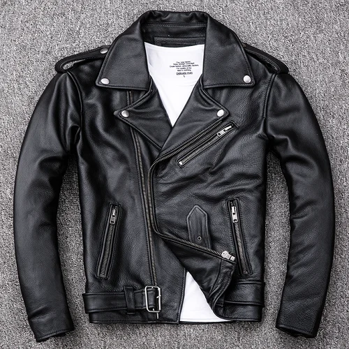Imagen 2 del producto Chaquetas clásicas de primavera con cremallera oblicua para motocicleta, chaqueta de cuero para hombre, piel de becerro Natural, chaqueta gruesa y delgada de cuero de vaca para Moto para hombre