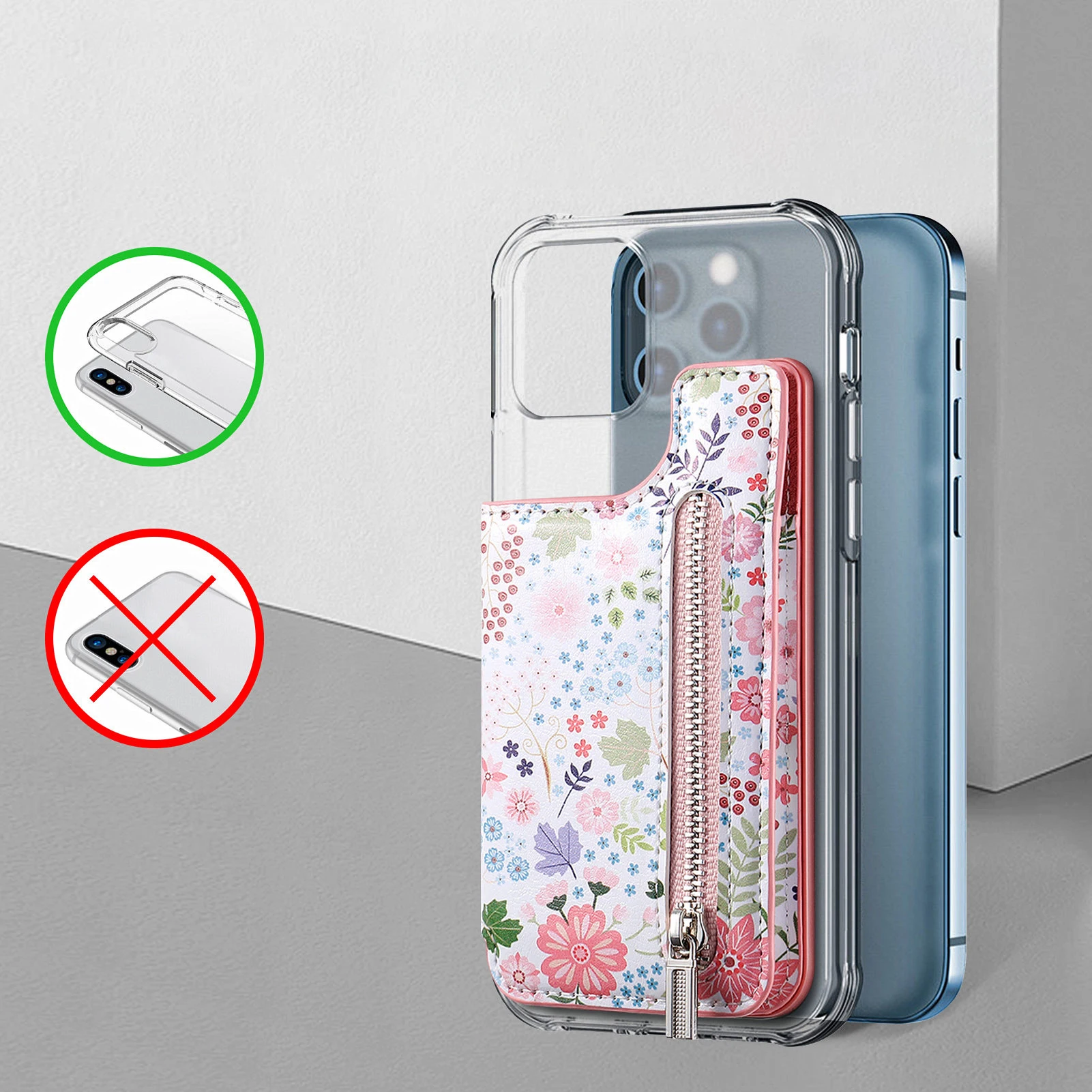 1 قطعة جراب هاتف مطلي بالزهور حامل بطاقة مع بولي Leather الجلود الخلفي ملصق حافظة للبطاقات المحمولة لاصق العالمي سستة المحفظة Deskto