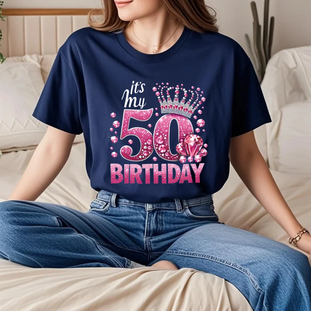 It'S My Birthday Diamond Crown Shining Celebration Atmosphere Letter Print Women'S Round Neck Spring Summer T-Shirt
