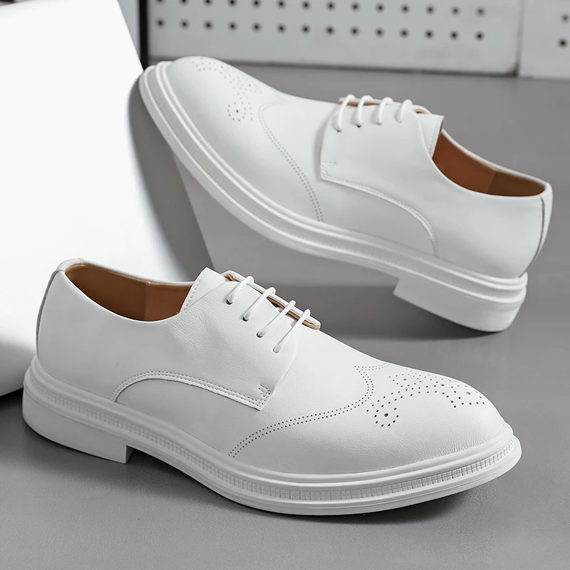 Classic Brand Men\'s White Business Dress Shoes Brogue Shoes Autumn Low Top Shoes Men\'s Genuine Leather Shoes Pointed