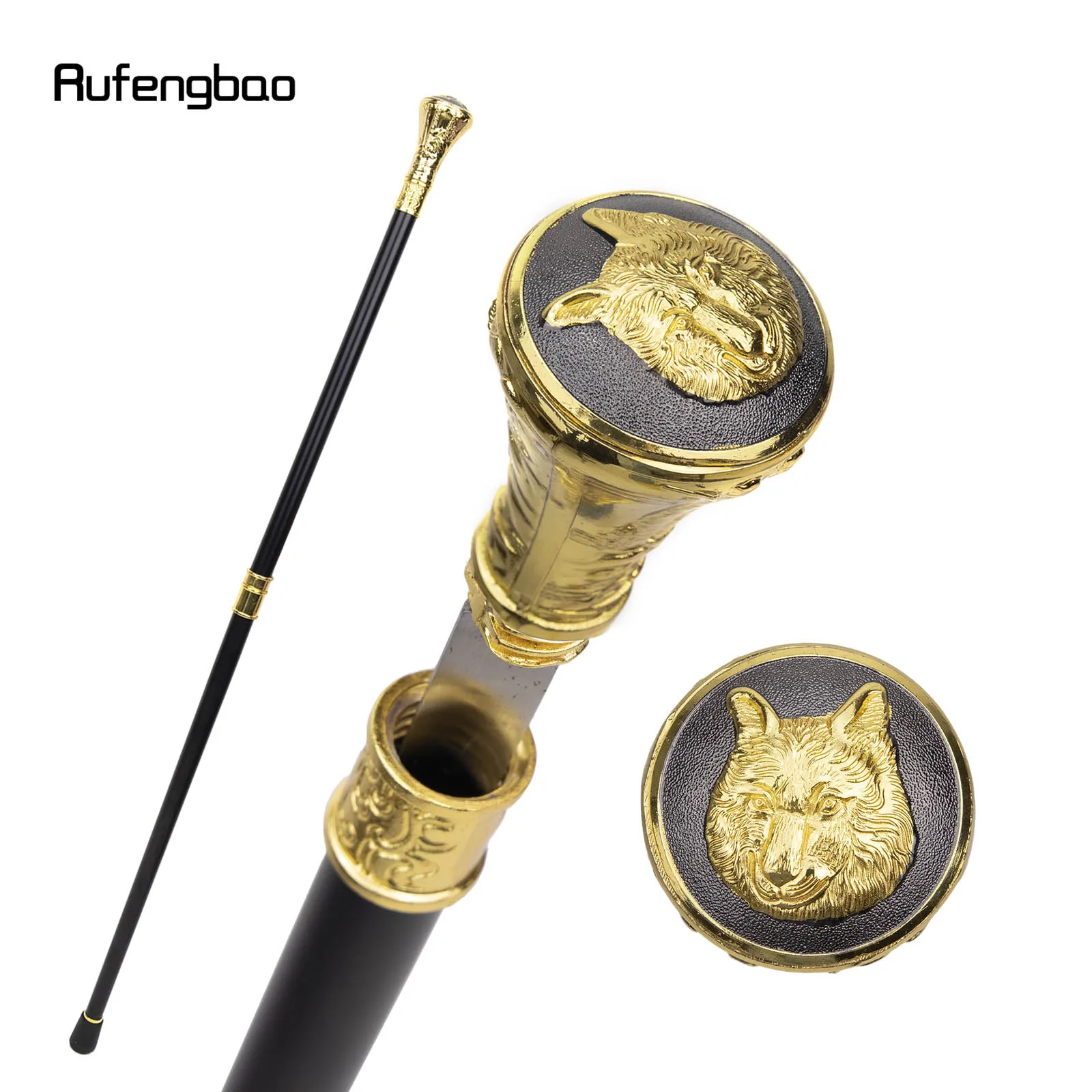 Gold Luxury Wolf Head Totem Relief Walking Stick with Hidden Plate Self Defense Fashion Cane Plate Cosplay Crosier Stick 93cm