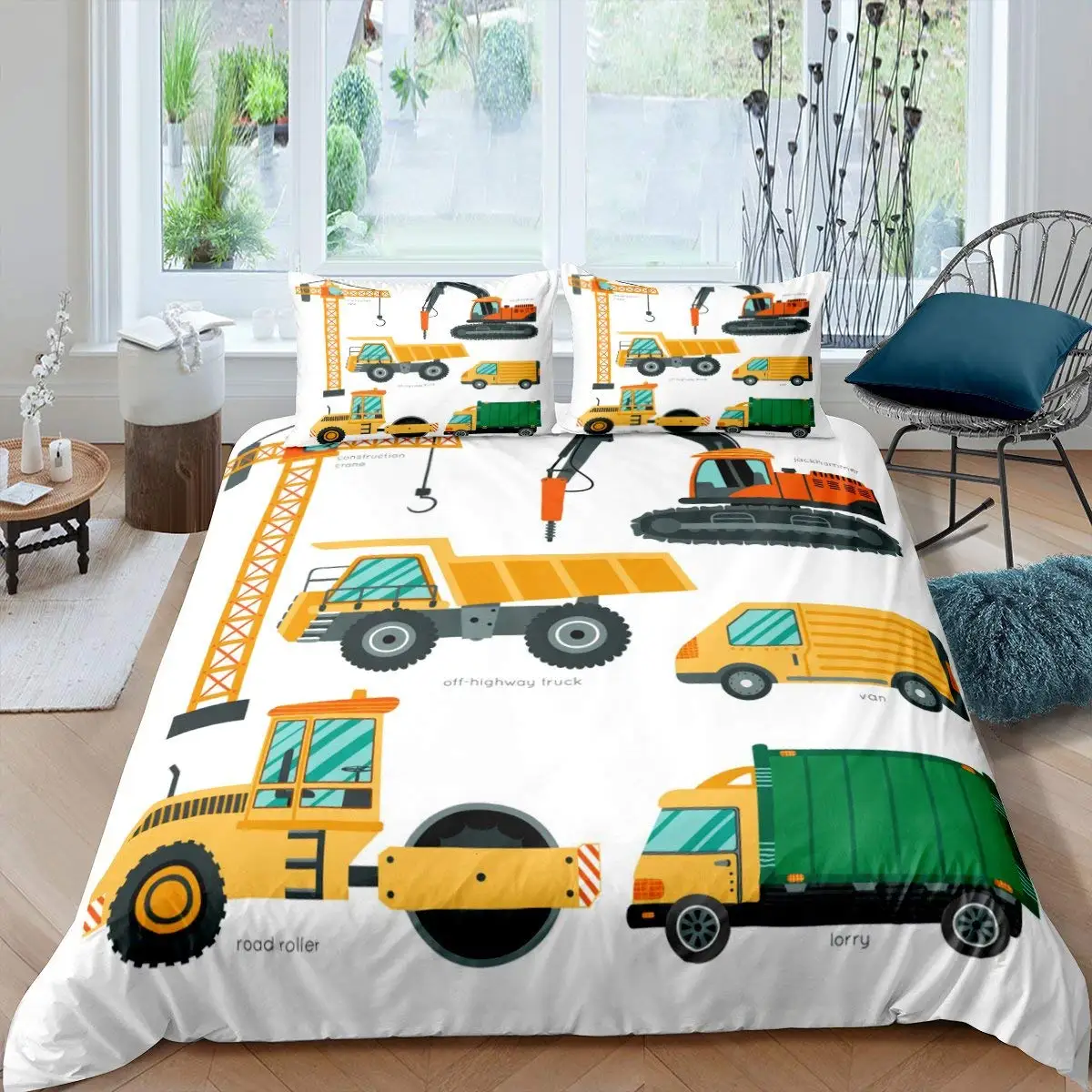 

Construction Tractor Truck King Queen Duvet Cover Excavators Crane Bedding Set Vehicle Quilt Cover Polyester Comforter Cover