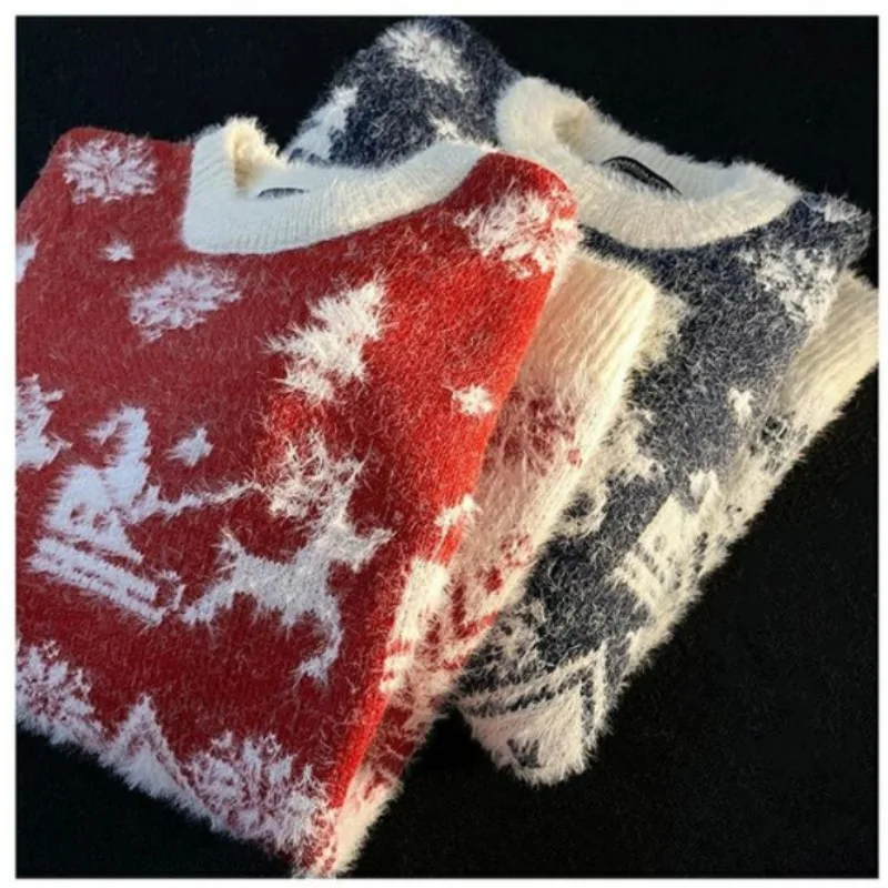 

Men's Winter Round Neck Loose Lazy Style Retro Knitted Sweater Trendy Brand Thread Coat Trendy Christmas Red Soft Waxy Sweater