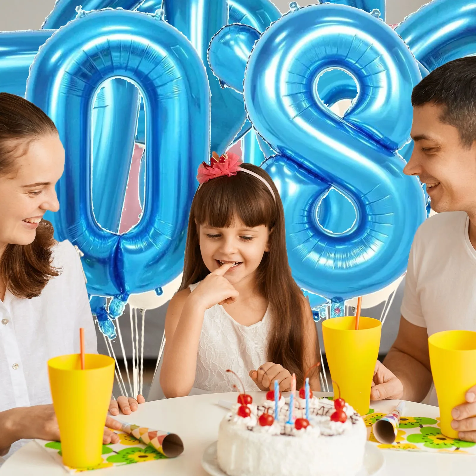 귀여운 큰 숫자 풍선 파란색 배경 벽 장식 실내 축제 생일 파티 결혼식 분위기 소품