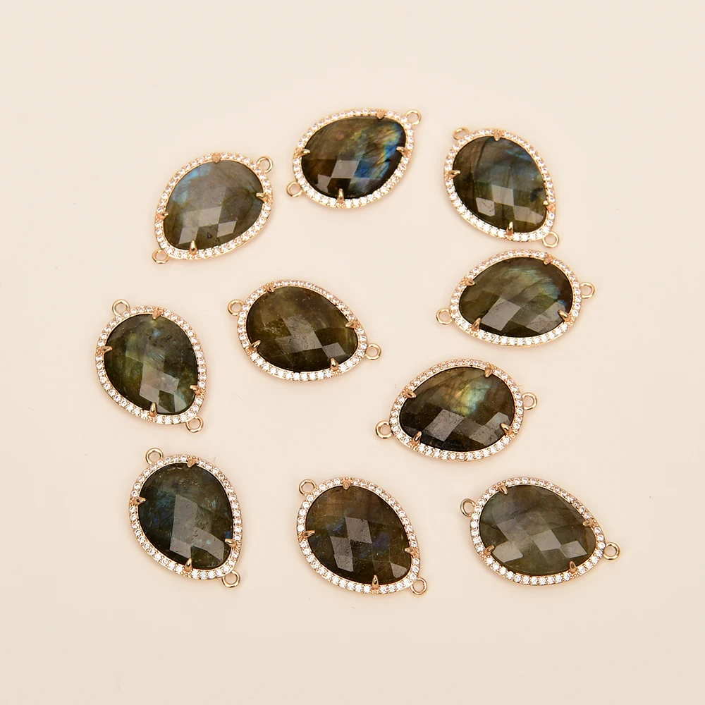 APDGG 5 Pcs Natural Labradorite Faceted CZ Paved Gold Plated Bezel Sets Connector Pearl Necklace Pendant Jewelry DIY