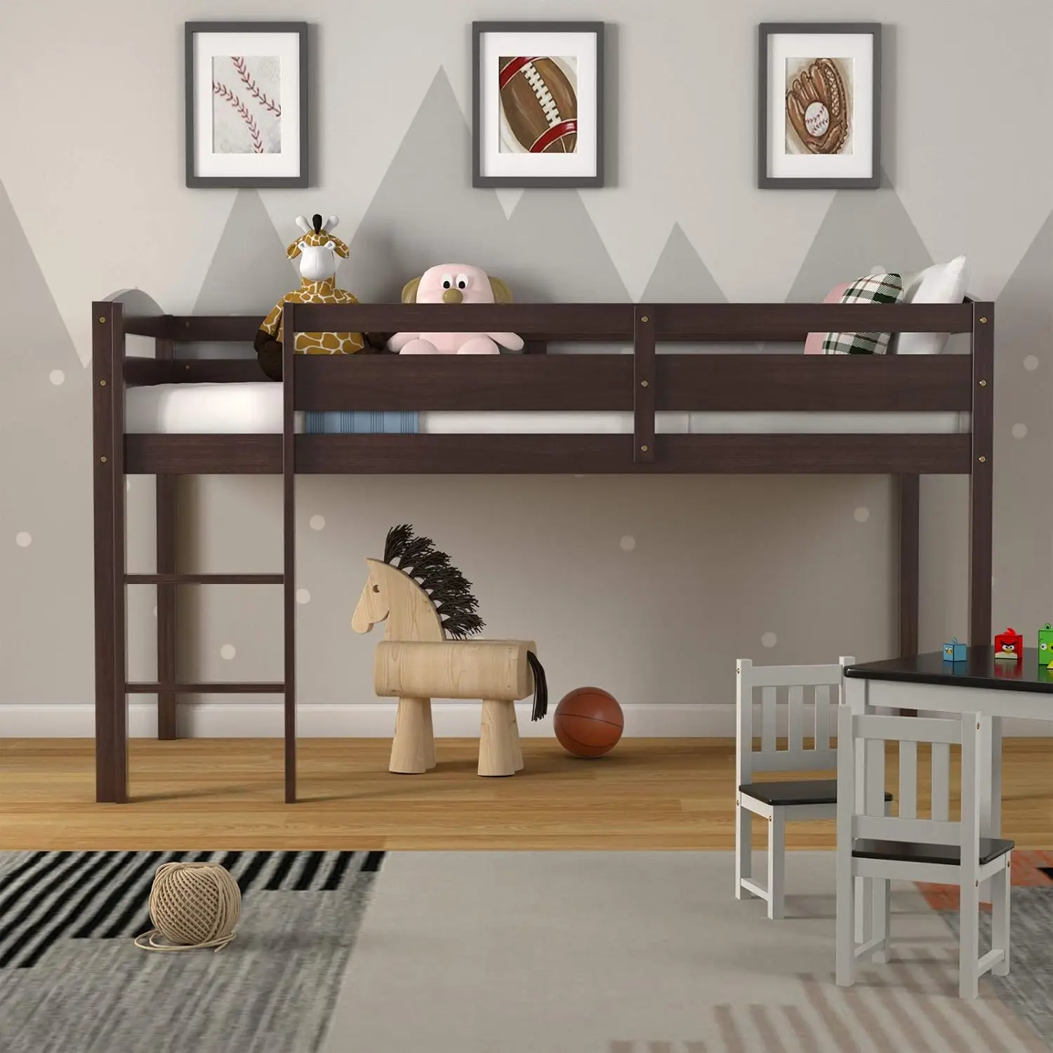 Lit Loft double en bois massif pour garçons et filles, lit Loft bas avec garde-corps et échelle, lit jumeau pour chambre d'enfant, pas besoin de ressort mécanique, classe