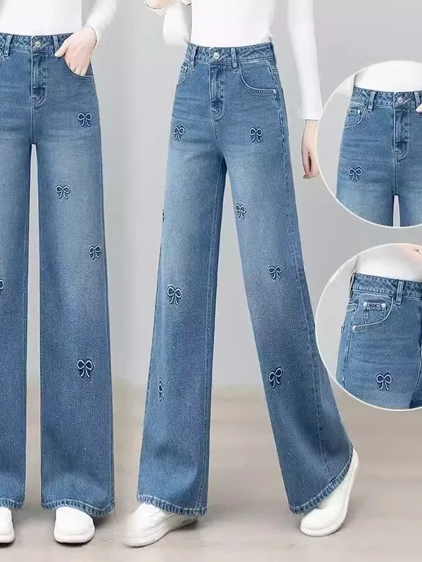 

Синие прямые джинсы, женские новые 20225, европейские модные свободные широкие брюки ранней осени с высокой талией и вышивкой...