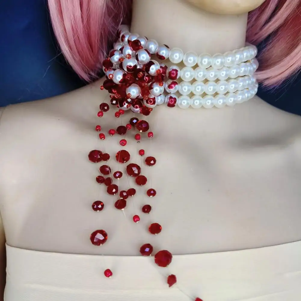 

Women Necklace Faux Crystal Horror Dripping Blood Costume Accessory Imitation Pearls Halloween Party Choker Necklace for Banquet