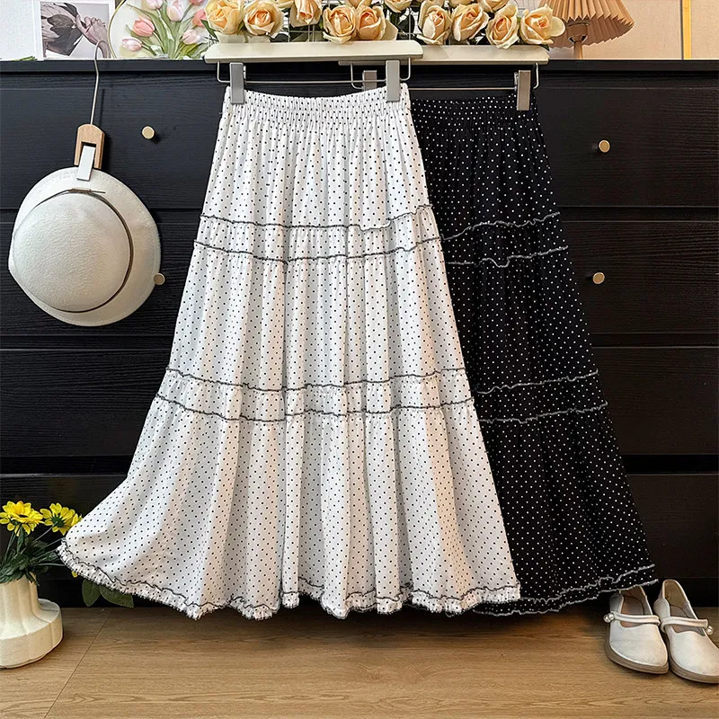 

Корейская модная юбка А-силуэта с рюшами и принтом в горошек, весна 2026, новинка, женская, с эластичной талией, повседневная, свободная