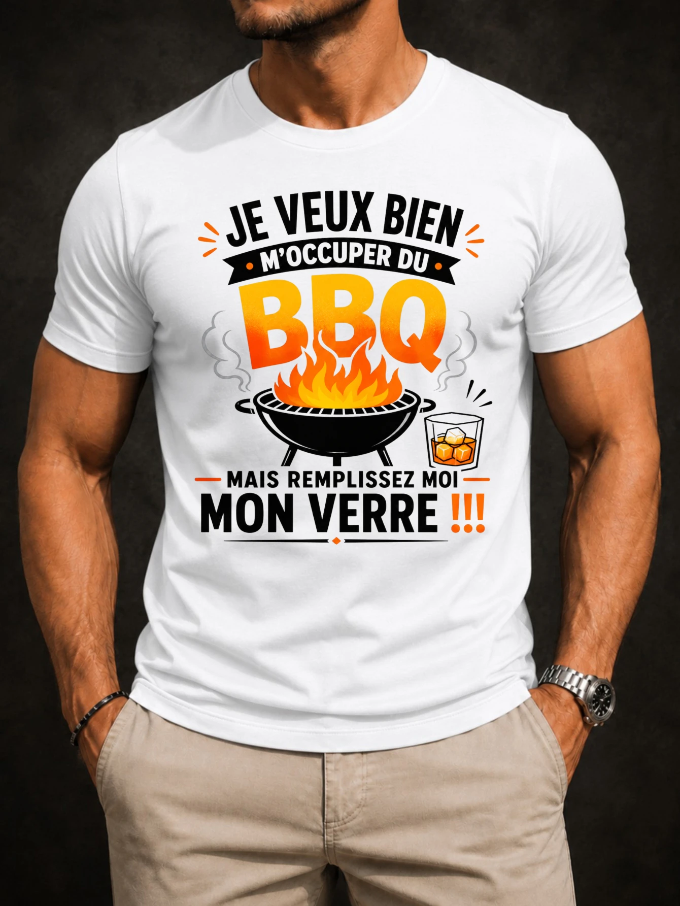 Je Veux Bien occuper Du BBQ Mais Remplissez Moi Mon Verre flames and drink  Tee and casual graphic  Unisex All T-Shirt