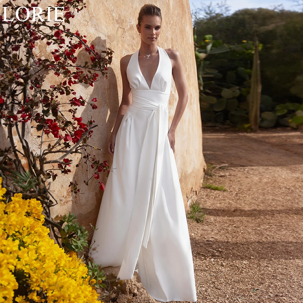 LORIE Simple Ivory Deep V-Neck Wedding Dresses with Belt Halter Backless Elegant Summer Wedding Prom Gown 2024 Beach Bridal Gown