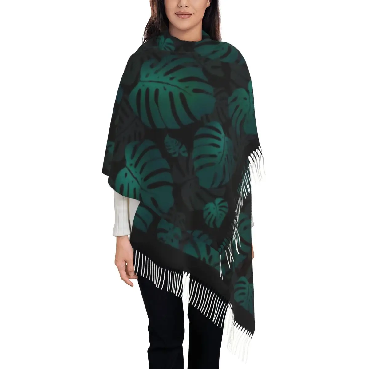 

Monstera Plant Pattern Shawl A Tassel Scarf