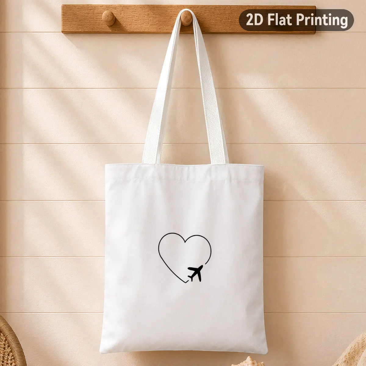 2D Flat 1pc Minimalist Heart And Airplane Durable Tote Bag, Couple, Duplex Prints Easy Heart Shape with Airplane, Perfect for Gr