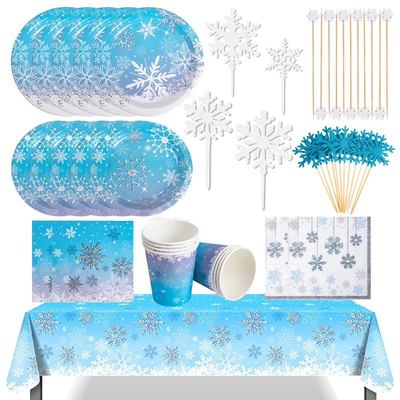 

Frozen Snowflake Disposable Tableware Snow Theme Paper Plate Cup Napkin Banner Tablecloth Winter Holiday Birthday Party Supplies