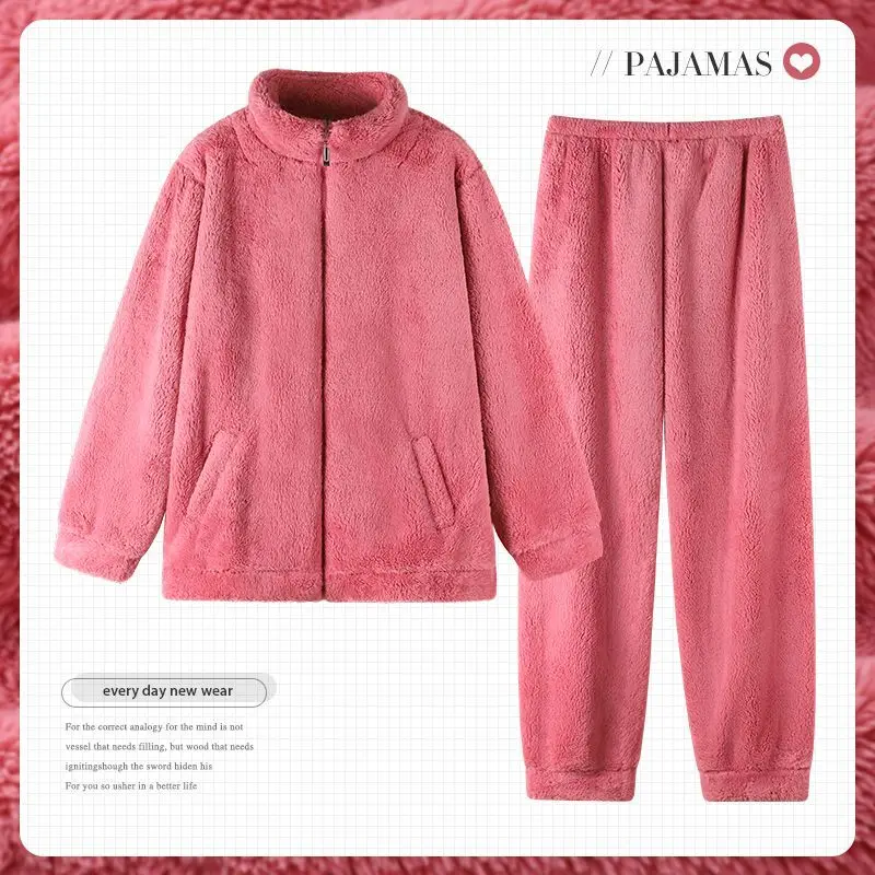 

Can Be Worn Outside Women's New Autumn and Winter Warm Flannel Zipper Home Suit with Velvet Thickening Coral Velvet Pajamas